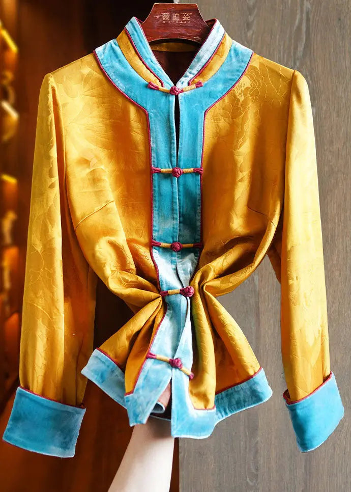 Jacquard Yellow Stand Collar Patchwork Button Silk Shirt Long Sleeve Ada Fashion