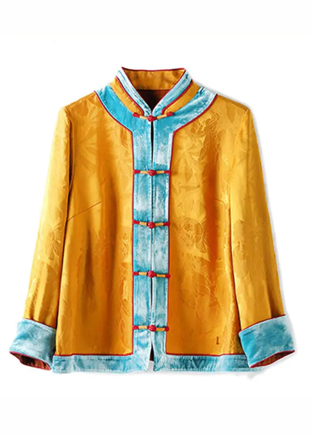 Jacquard Yellow Stand Collar Patchwork Button Silk Shirt Long Sleeve Ada Fashion