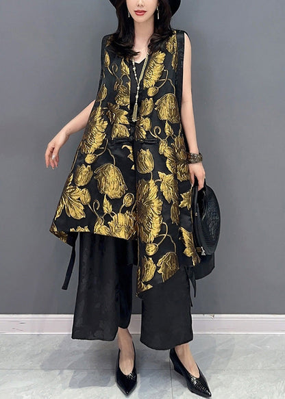 Jacquard Yellow V Neck Patchwork Button Silk Waistcoat Summer LY4411 - fabuloryshop