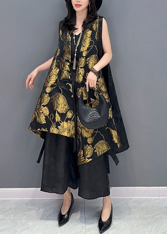 Jacquard Yellow V Neck Patchwork Button Silk Waistcoat Summer LY4411 - fabuloryshop