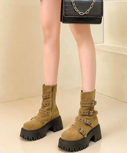 Khaki Boots Faux Leather Buckle Strap