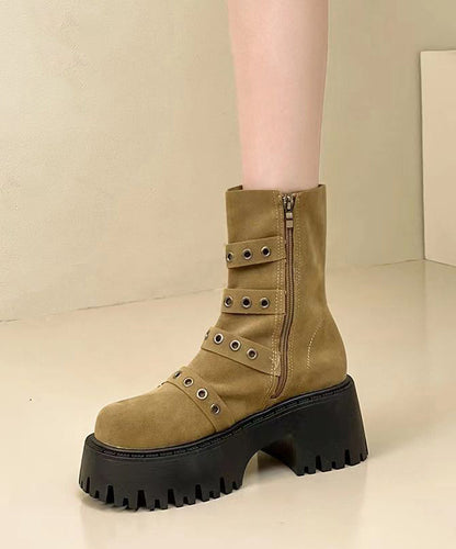 Khaki Boots Faux Leather Buckle Strap