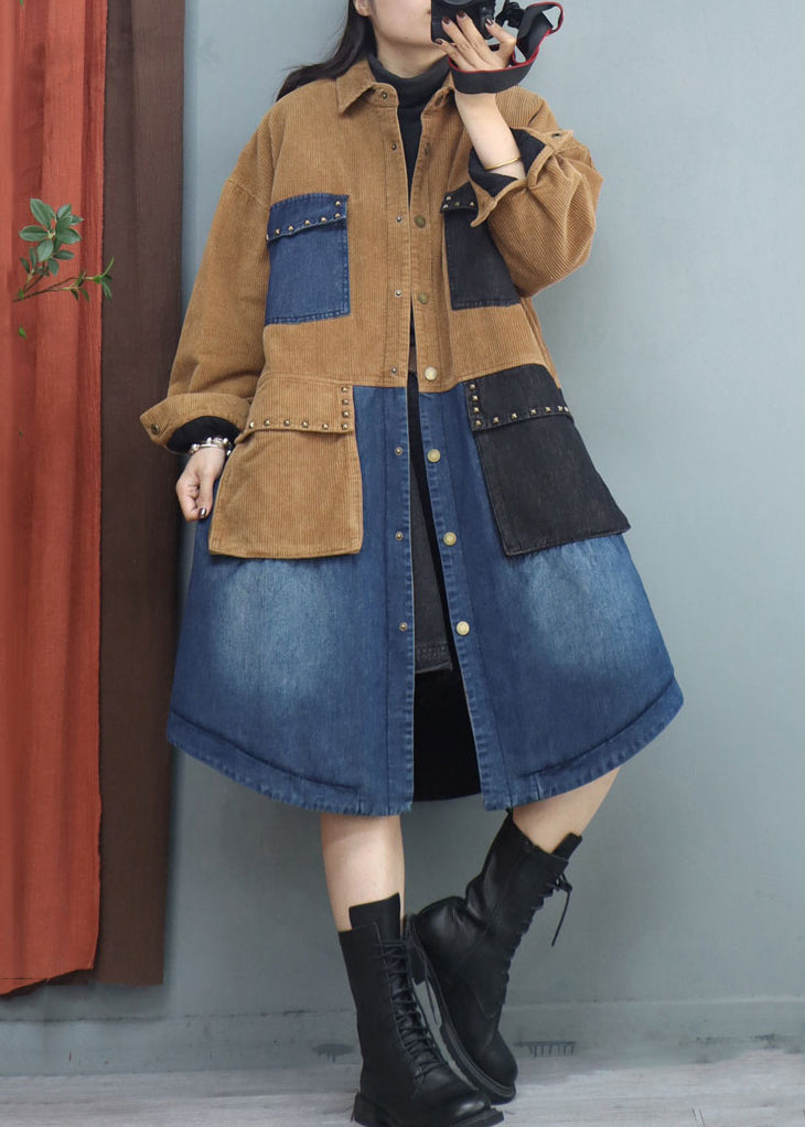 Khaki Button Denim Patchwork Long Coats Rivet Long Sleeve Ada Fashion