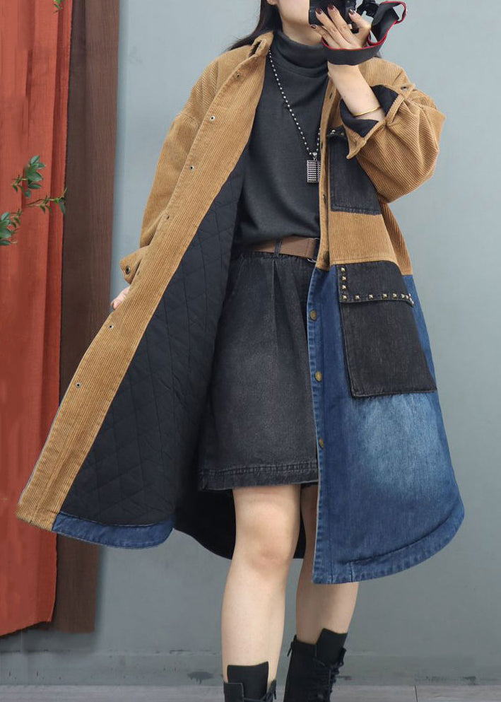 Khaki Button Denim Patchwork Long Coats Rivet Long Sleeve Ada Fashion