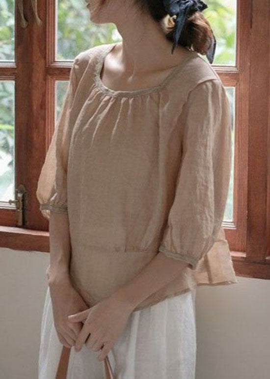 Khaki Button Patchwork Linen Top O Neck Back Side Open Summer LY4122 - fabuloryshop