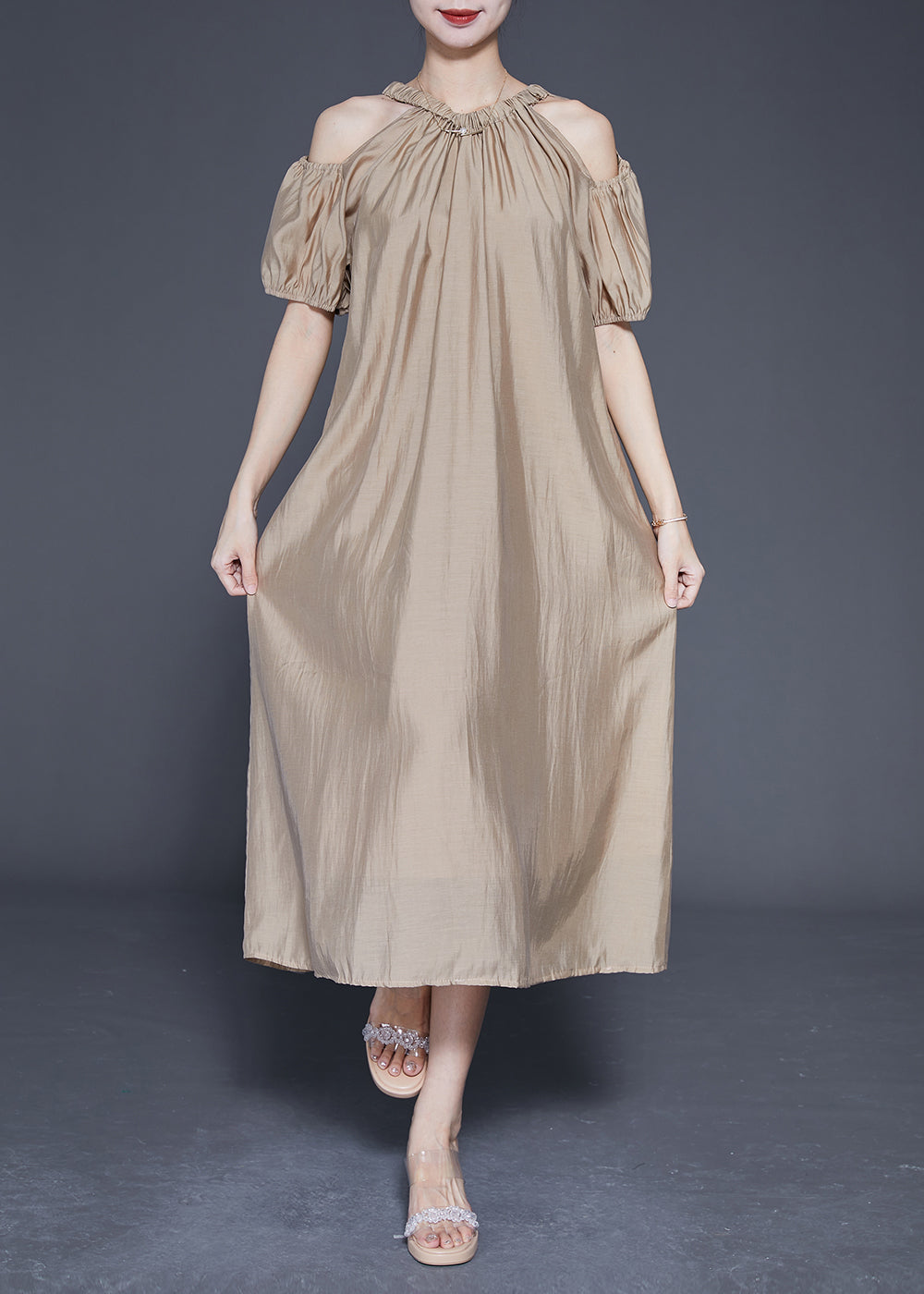 Khaki Cold Shoulder Silk Party Dress Oversized Summer LY1840 - fabuloryshop