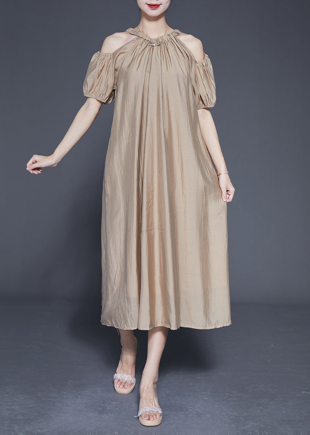 Khaki Cold Shoulder Silk Party Dress Oversized Summer LY1840 - fabuloryshop