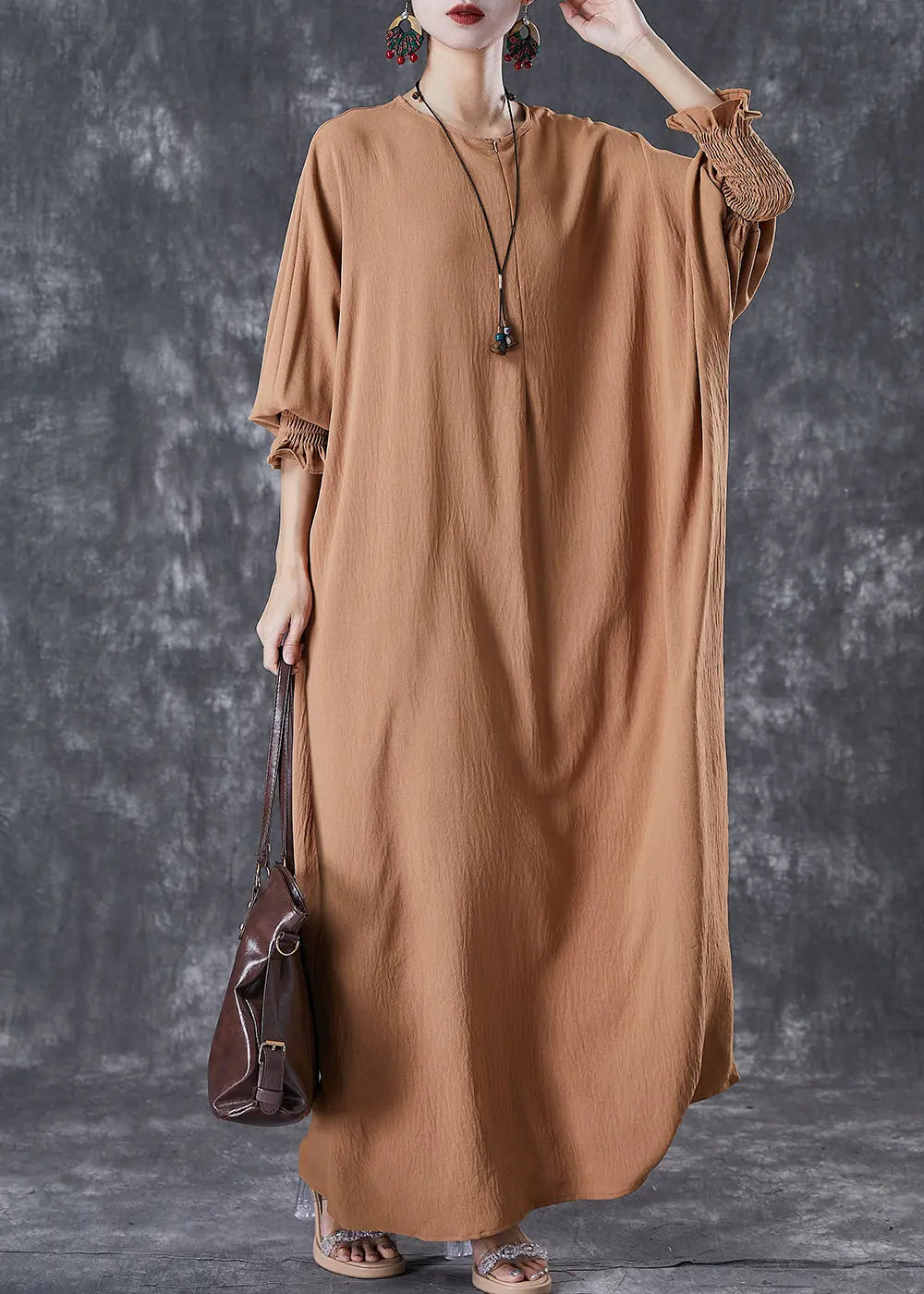 Khaki Cotton Holiday Dress Oversized Batwing Sleeve Ada Fashion