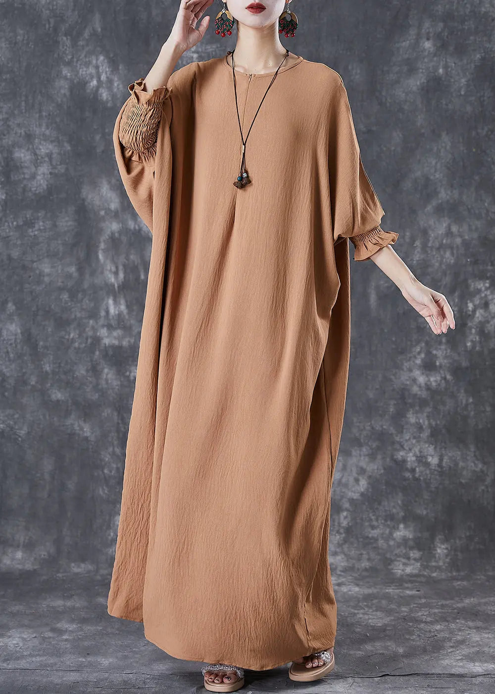 Khaki Cotton Holiday Dress Oversized Batwing Sleeve Ada Fashion