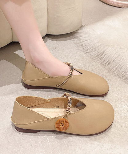 Khaki Flats Cowhide Leather Comfy Buckle Strap Flat Feet Shoes LC0515 - fabuloryshop