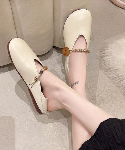 Khaki Flats Cowhide Leather Comfy Buckle Strap Flat Feet Shoes LC0515 - fabuloryshop