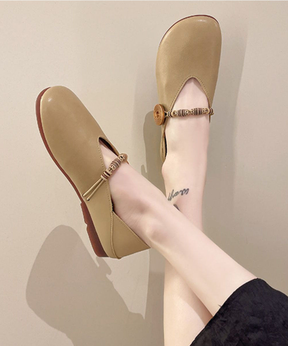 Khaki Flats Cowhide Leather Comfy Buckle Strap Flat Feet Shoes LC0515 - fabuloryshop