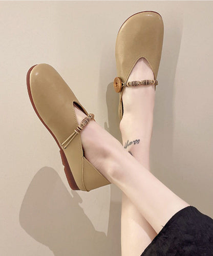 Khaki Flats Cowhide Leather Comfy Buckle Strap Flat Feet Shoes LC0515 - fabuloryshop