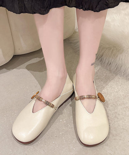 Khaki Flats Cowhide Leather Comfy Buckle Strap Flat Feet Shoes LC0515 - fabuloryshop