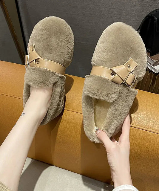 Khaki Fuzzy Fur Flat Shoes Soft Comfy Splicing Buckle Strap Ada Fashion