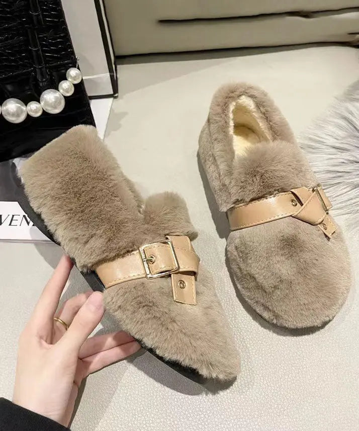 Khaki Fuzzy Fur Flat Shoes Soft Comfy Splicing Buckle Strap Ada Fashion