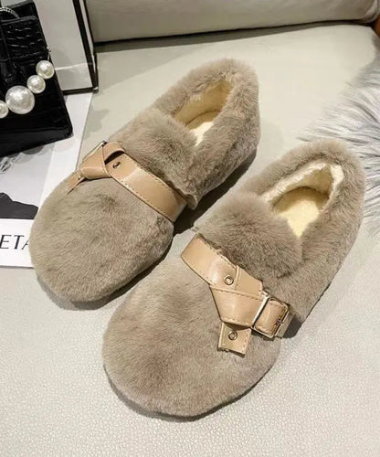 Khaki Fuzzy Fur Flat Shoes Soft Comfy Splicing Buckle Strap Ada Fashion