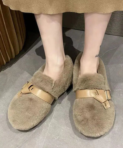 Khaki Fuzzy Fur Flat Shoes Soft Comfy Splicing Buckle Strap Ada Fashion