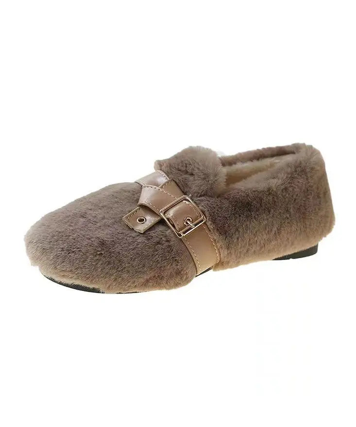 Khaki Fuzzy Fur Flat Shoes Soft Comfy Splicing Buckle Strap Ada Fashion