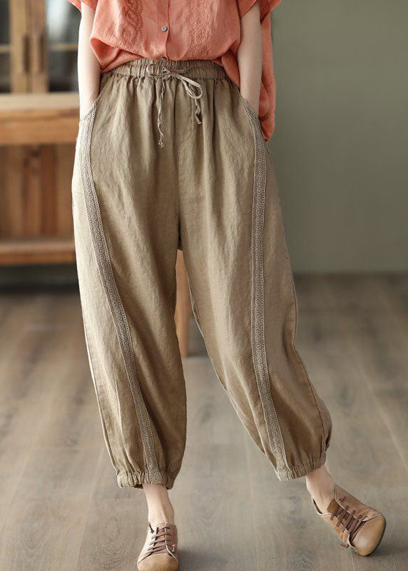 Khaki Hollow Out Patchwork Linen Harem Pants Summer LY0212 - fabuloryshop