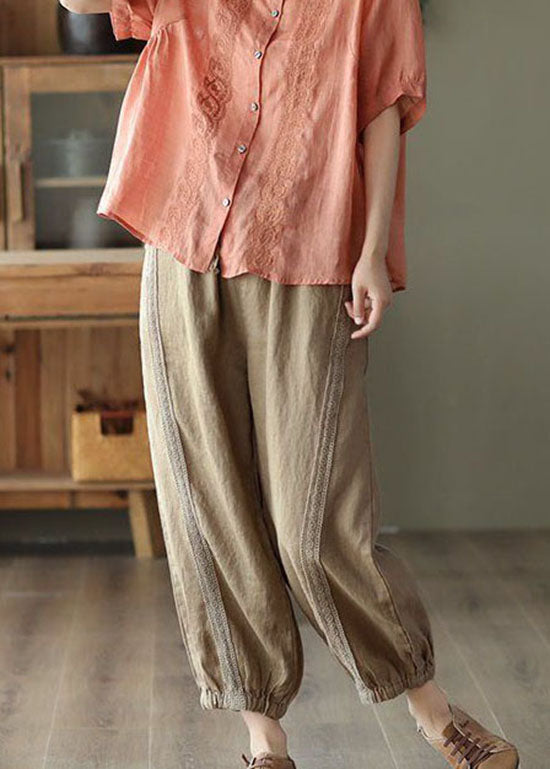 Khaki Hollow Out Patchwork Linen Harem Pants Summer LY0212 - fabuloryshop