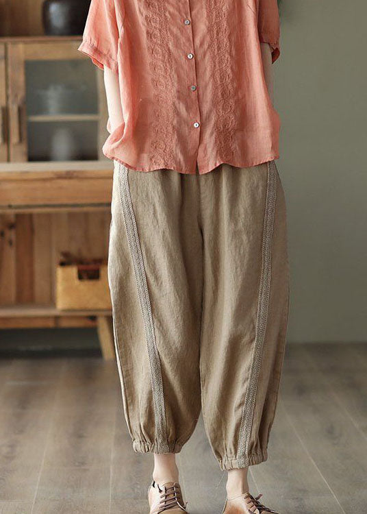 Khaki Hollow Out Patchwork Linen Harem Pants Summer LY0212 - fabuloryshop