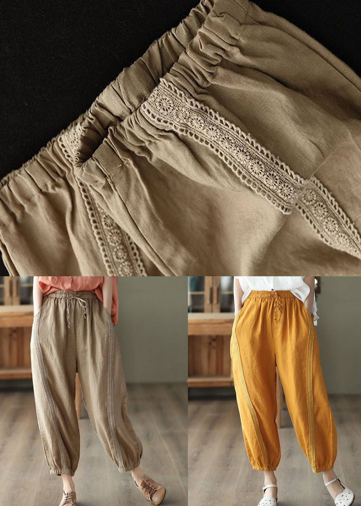 Khaki Hollow Out Patchwork Linen Harem Pants Summer LY0212 - fabuloryshop