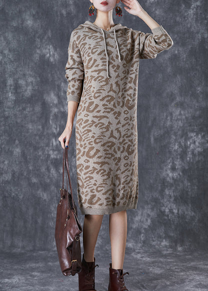 Khaki Leopard Print Knit Sweatshirt Dress Hooded Drawstring Fall Ada Fashion