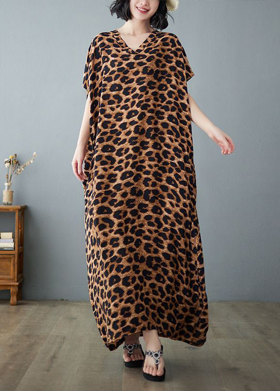 Khaki Leopard Print Linen Holiday Dress V Neck Summer LY0899 - fabuloryshop