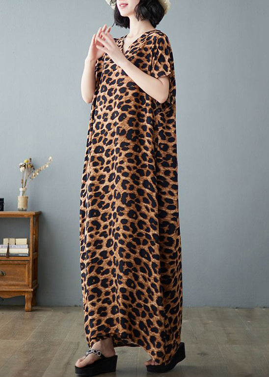 Khaki Leopard Print Linen Holiday Dress V Neck Summer LY0899 - fabuloryshop