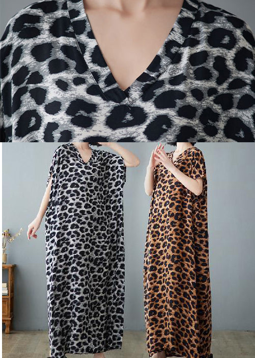 Khaki Leopard Print Linen Holiday Dress V Neck Summer LY0899 - fabuloryshop