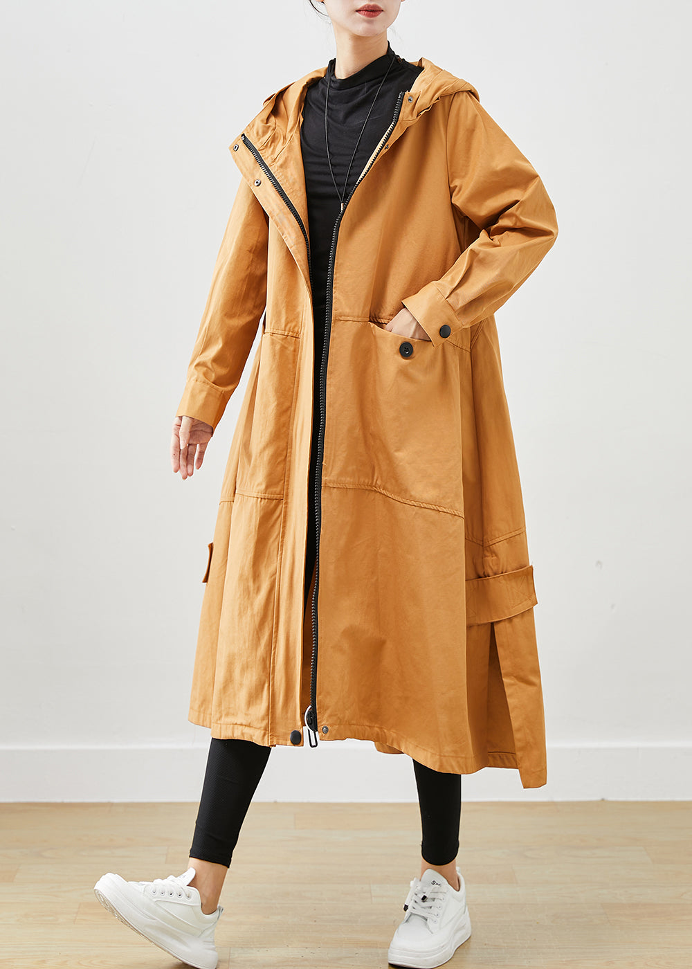 Khaki Loose Cotton Trench Coats Hooded Pockets Fall Ada Fashion