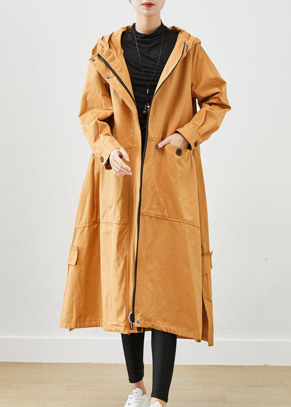 Khaki Loose Cotton Trench Coats Hooded Pockets Fall Ada Fashion