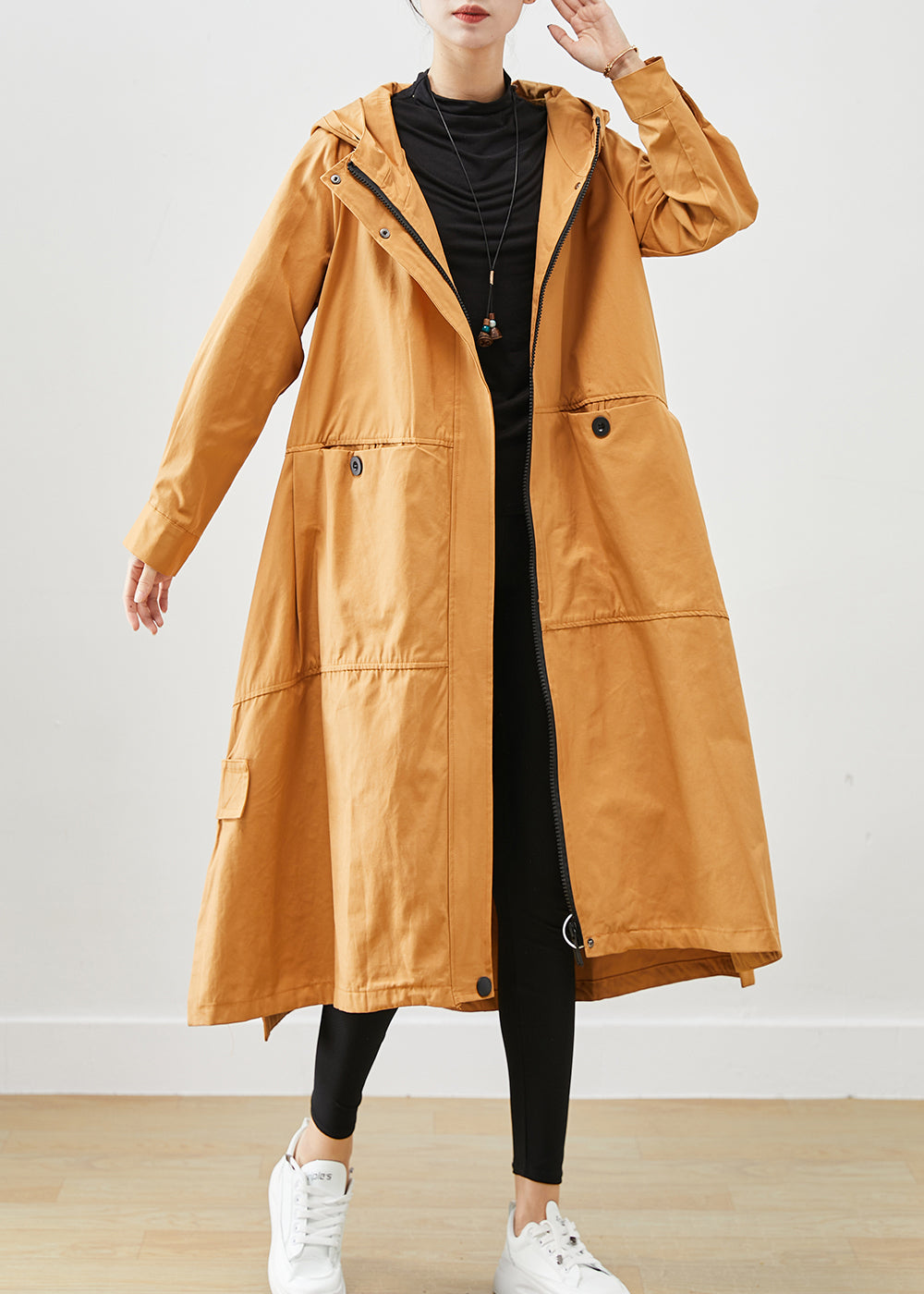 Khaki Loose Cotton Trench Coats Hooded Pockets Fall Ada Fashion