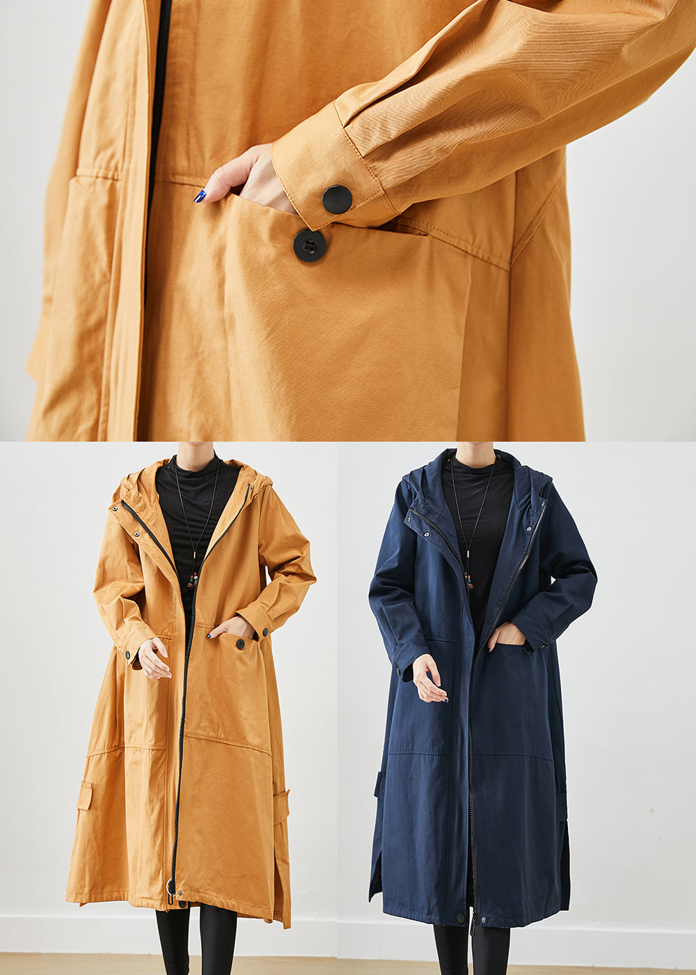 Khaki Loose Cotton Trench Coats Hooded Pockets Fall Ada Fashion