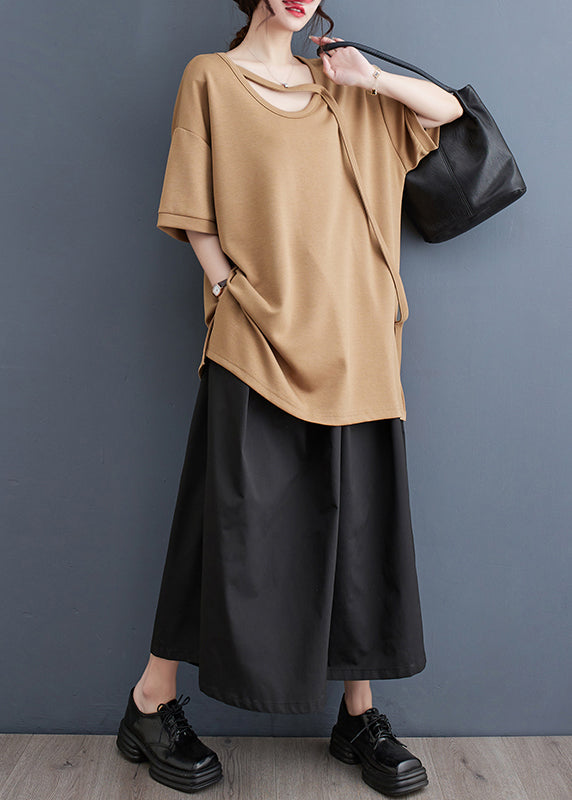 Khaki Original Design Cotton Tanks Oversized Side Open Summer LY4937 - fabuloryshop