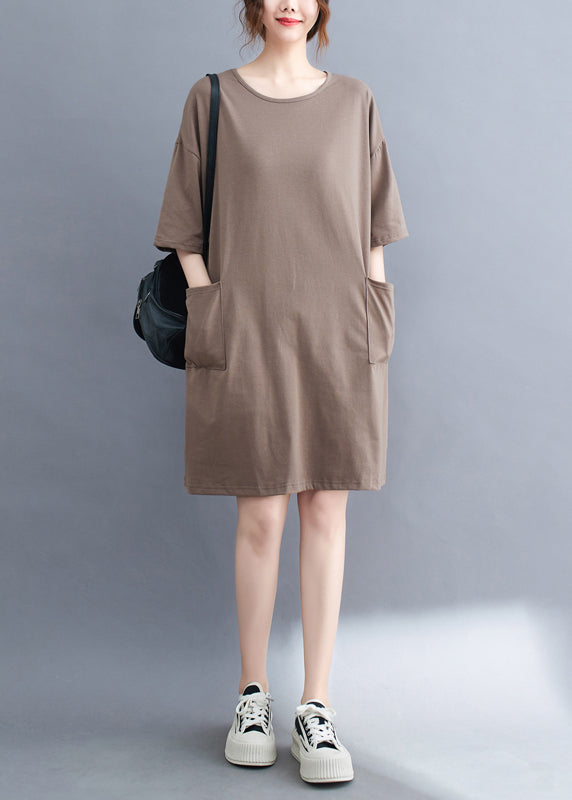 Khaki Oversized Cotton Dress O-Neck Pockets Summer LY7306 - fabuloryshop