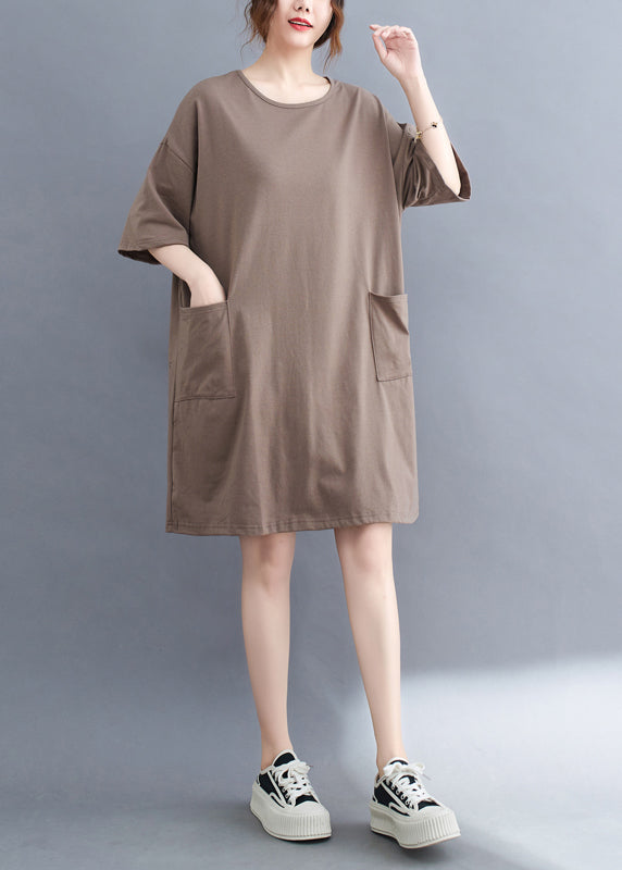 Khaki Oversized Cotton Dress O-Neck Pockets Summer LY7306 - fabuloryshop