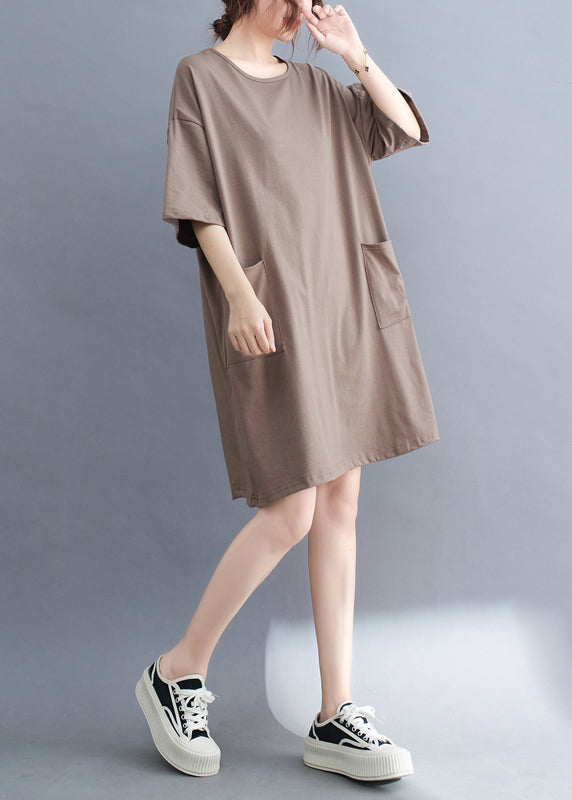 Khaki Oversized Cotton Dress O-Neck Pockets Summer LY7306 - fabuloryshop