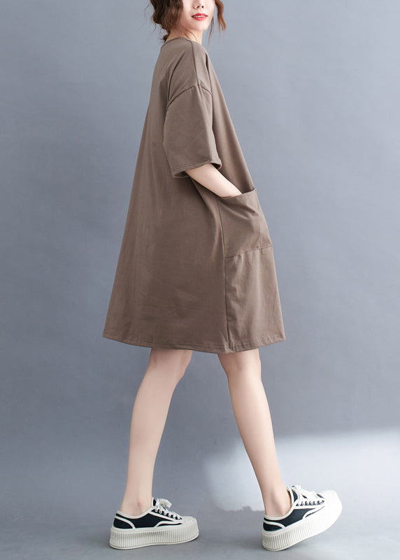 Khaki Oversized Cotton Dress O-Neck Pockets Summer LY7306 - fabuloryshop