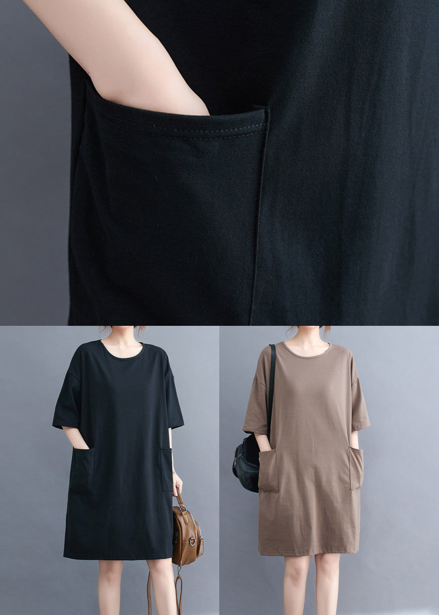 Khaki Oversized Cotton Dress O-Neck Pockets Summer LY7306 - fabuloryshop