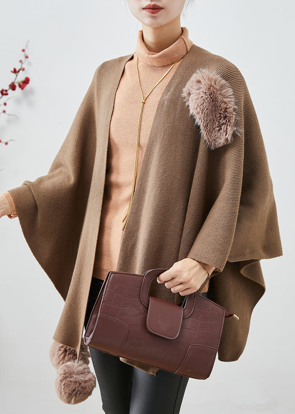 Khaki Oversized Knit Cardigan Fuzzy Ball Decorated Cloak Sleeves Ada Fashion