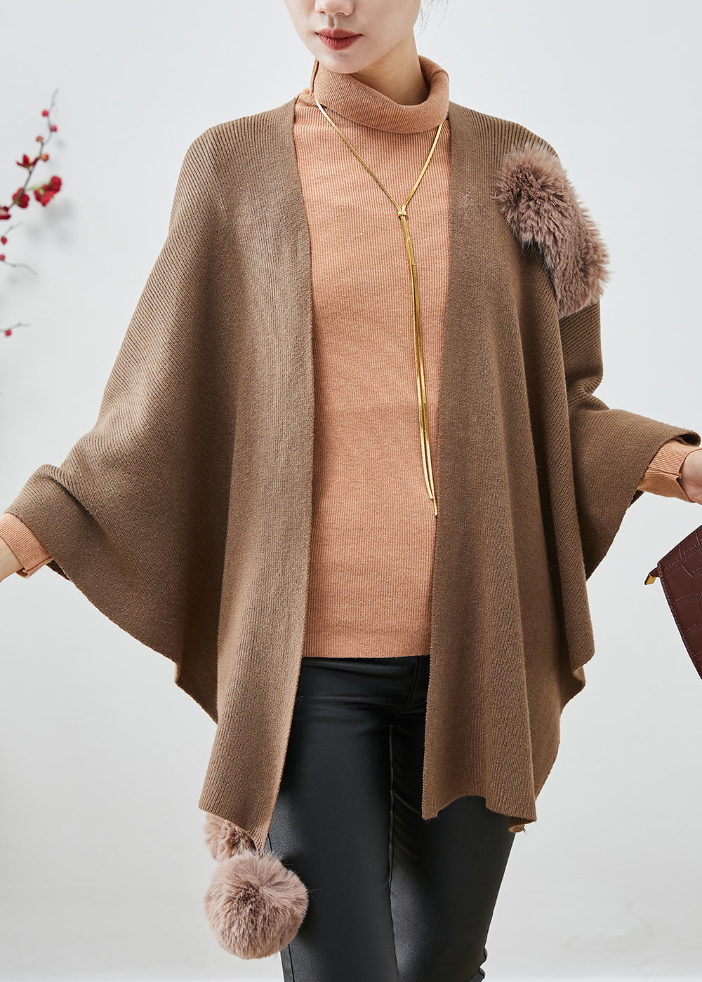 Khaki Oversized Knit Cardigan Fuzzy Ball Decorated Cloak Sleeves Ada Fashion