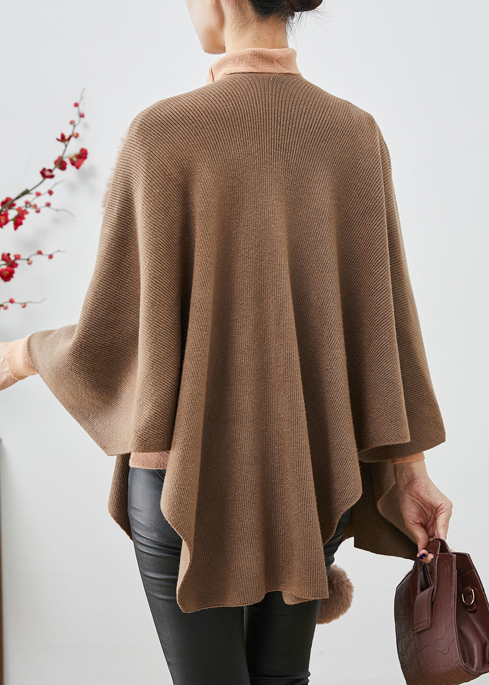 Khaki Oversized Knit Cardigan Fuzzy Ball Decorated Cloak Sleeves Ada Fashion