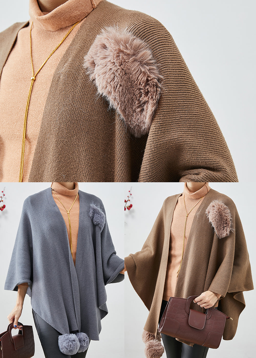 Khaki Oversized Knit Cardigan Fuzzy Ball Decorated Cloak Sleeves Ada Fashion