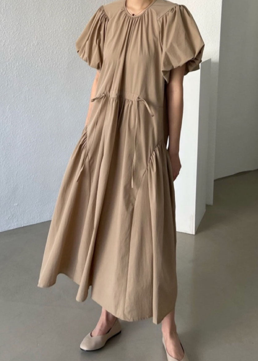 Khaki Patchwork Cotton Dresses Wrinkled Puff Sleeve LY2132 - fabuloryshop