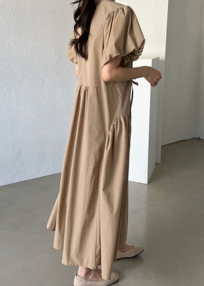 Khaki Patchwork Cotton Dresses Wrinkled Puff Sleeve LY2132 - fabuloryshop