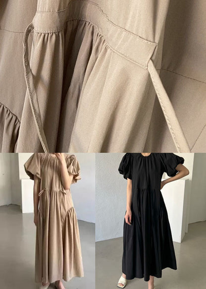 Khaki Patchwork Cotton Dresses Wrinkled Puff Sleeve LY2132 - fabuloryshop