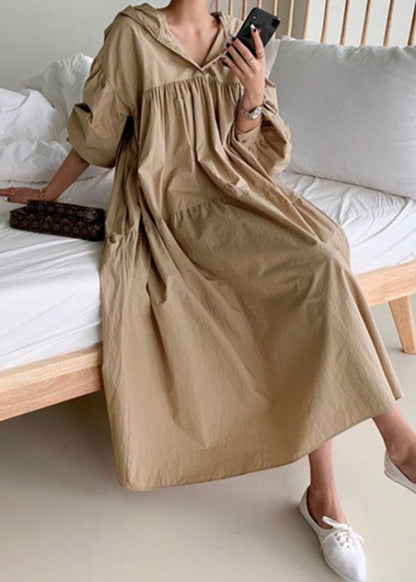 Khaki Patchwork Cotton Long Dresses Wrinkled Puff Sleeve LY2071 - fabuloryshop