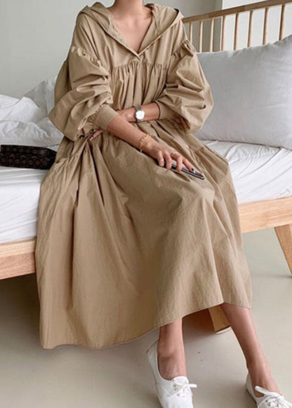 Khaki Patchwork Cotton Long Dresses Wrinkled Puff Sleeve LY2071 - fabuloryshop